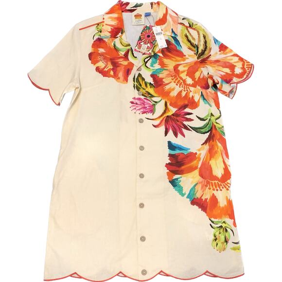 Medium- Farm Rio Anthropologie Womens Shirt Dress Med Linen Blend Floral Button - Picture 14 of 15